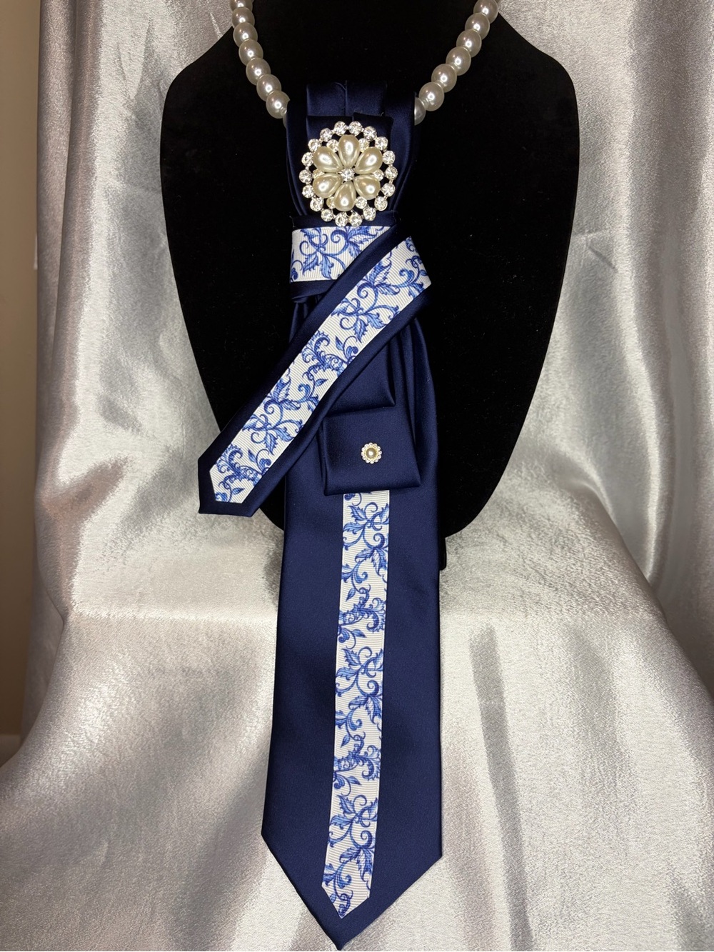 Navy Blue Decorative Satin Scarf with White Floral Trim